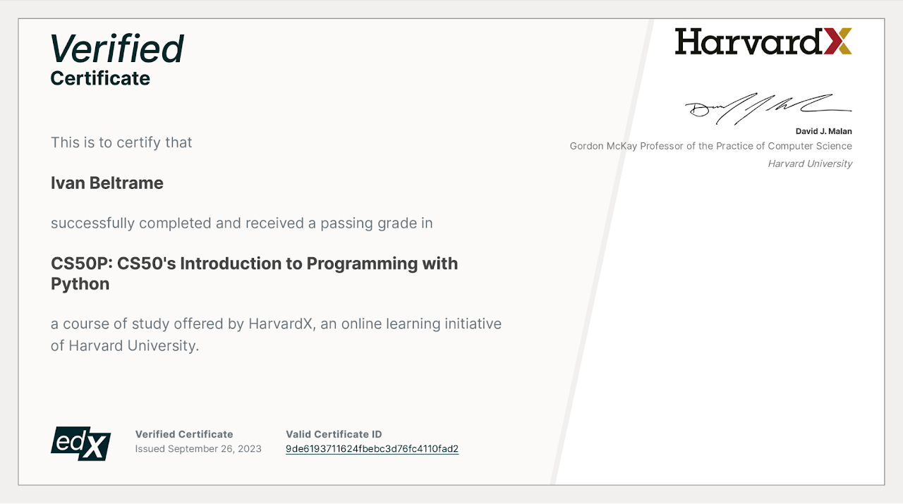 Certificato verificato sulla computer scienza per la programmazione in Python