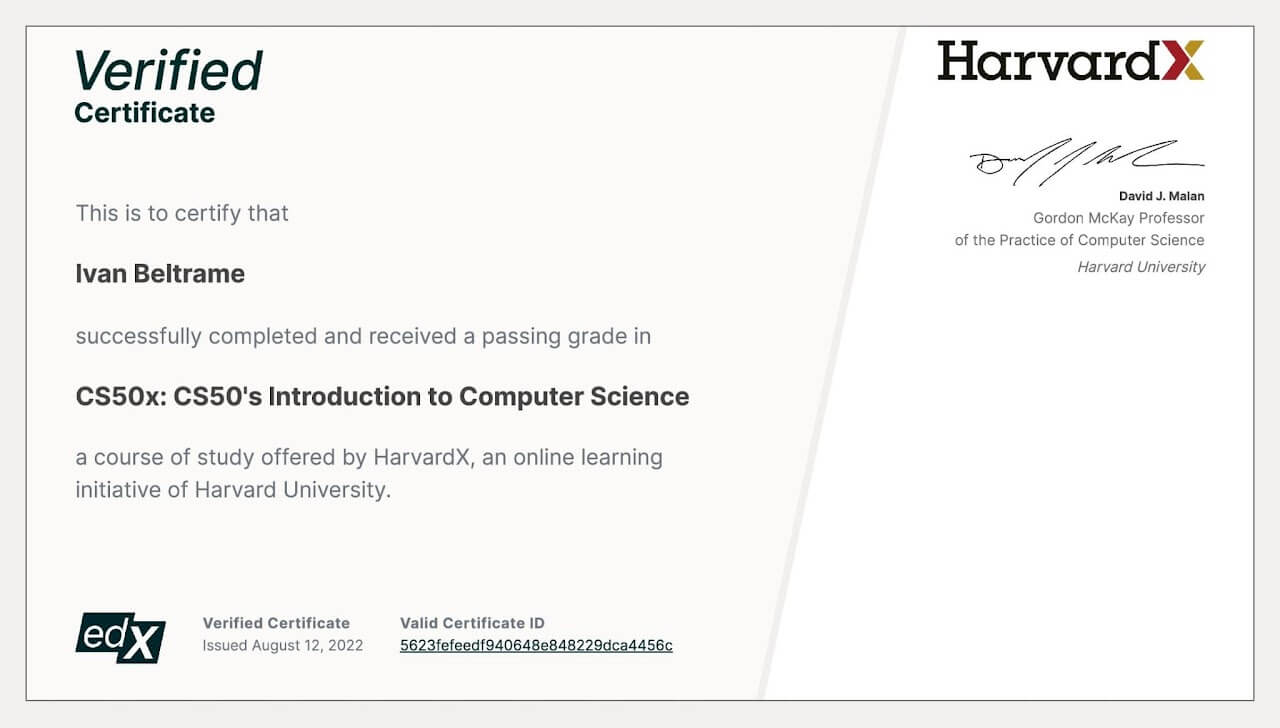 Certificato verificato sulla introduzione alla computer scienza CS50